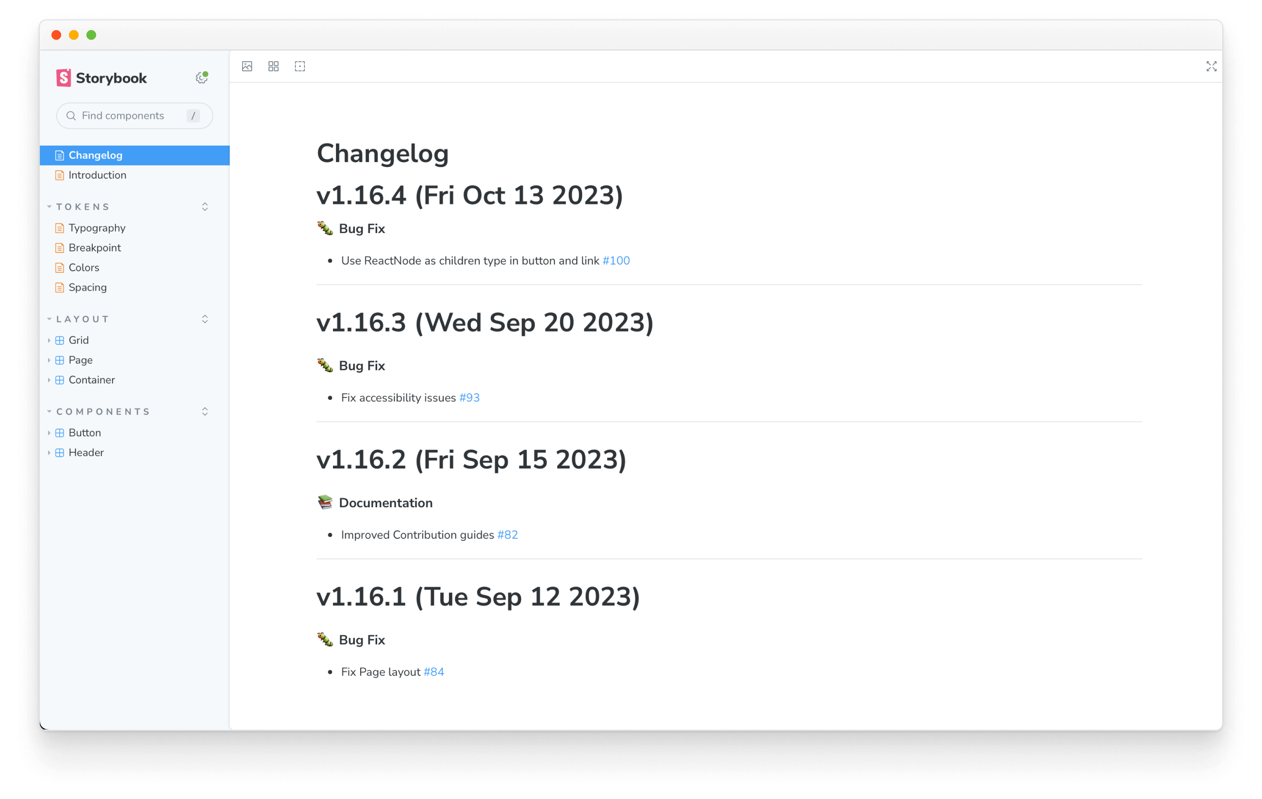 Changelog markdown in an MDX story