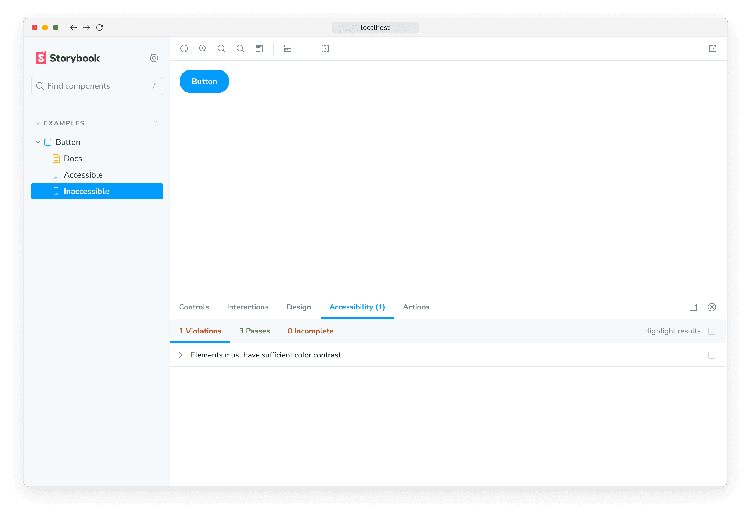 Storybook accessibility addon running